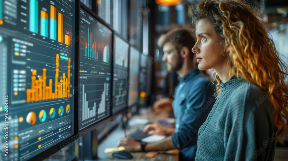 Poster business analysts interpreting data on multiple monitors in modern office setting for business intel