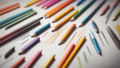 Fototapeta premium illustrative and colorful illustration of crayons and pencils in bright colors on white paper