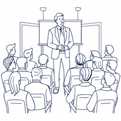 continuous single line drawing of keynote speaker and audience at business conference, line art vector illustration
