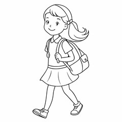 continuous single line drawing of elementary school student girl with school bag, line art vector illustration
