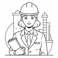 continuous single line drawing of female architect or engineer with hardhat holding construction plans, line art vector illustration
