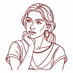 continuous single line drawing of woman in skeptical post, hand on chin, line art vector illustration
