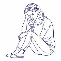 continuous single line drawing of thoughtful worried woman sitting on floor holding her head, line art vector illustration
