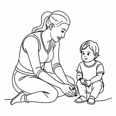 continuous single line drawing of mother an toddler playing on floor, line art vector illustration
