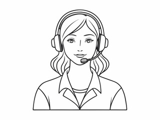continuous single line drawing of female call center agent with headset during call, line art vector illustration
