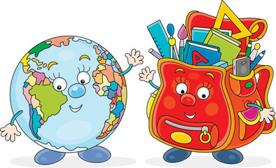 Obraz premium Funny cartoony schoolbag and school globe friendly smiling and waving in greeting, vector cartoon illustration on a white background
