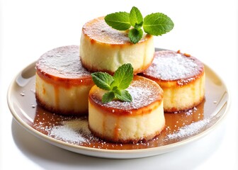 cheesecakes with powdered sugar on a plate on a white background