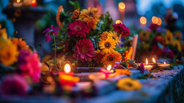 Candlelit altar with flowers and skull for All Saints' Day