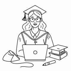 continuous single line drawing of female college student using laptop computer on her lap, line art vector illustration