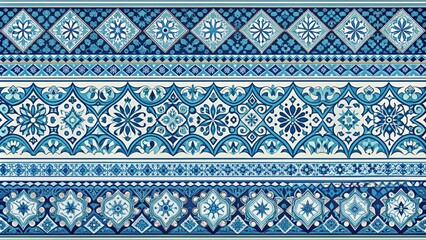 Blue and White Ceramic Tile Border with Floral Motifs - Seamless Pattern - Islamic Art - Moroccan Design - Traditional Ornament - Decorative Background - Vector Illustration