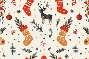 Festive Christmas pattern with reindeer, stockings, and holiday decorations on a white background