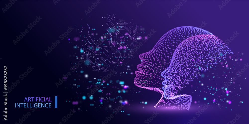 Poster human head artificial intelligence technology background particle dot style. intelligence women face