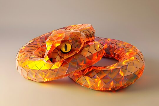 Mesmerizing 3D Polygonal Fire Snake with Intricate Geometric Scales