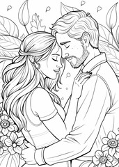Obraz premium Romantic Couple Embracing Amidst Nature Coloring Page for Love and Serenity