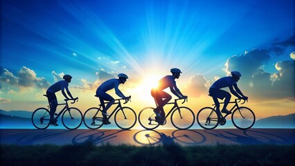 Naklejka premium Cyclist Silhouettes on a Sunset Ride - Digital Illustration - Four figures riding bikes against a colorful sky, sunset, mountains, road, silhouettes, digital art, sport