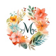 Watercolor floral wreath with letter M.