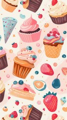 A vibrant display of various decorated cupcakes and fruit desserts on a pastel backdrop