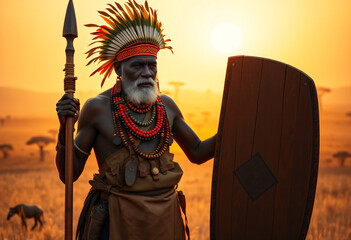 Elderly Zulu warrior in vibrant headdress with spear and shield