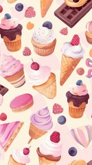 A delightful mix of cupcakes, ice cream cones, and macarons arranged in a whimsical pattern
