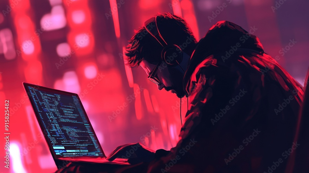 Poster hacker in the red light