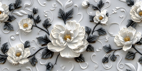 Seamless Elegant 3D Floral Wallpaper Design in White, Gold Flower, and Black Leaves with Sculpted Aesthetic on a Pristine Background. Seamless Tile Flower Wall Sticker