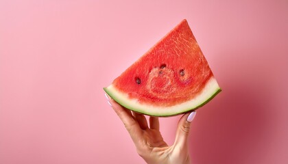 Hand with watermelon against pink background