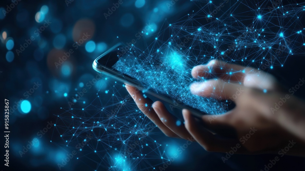 Poster connecting through technology: a hand interacting with a network on a smartphone