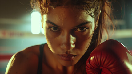 Portrait of a beautiful young female boxer with red boxing gloves in guard position. Generative AI.