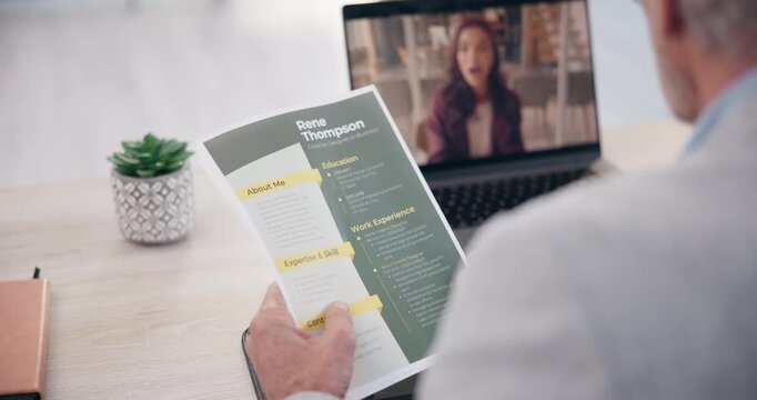 Virtual interview, cv and businessman in office for onboarding, woman candidate or laptop in company. Male manager, international recruitment or tech for discussion, video call or negotiation in firm
