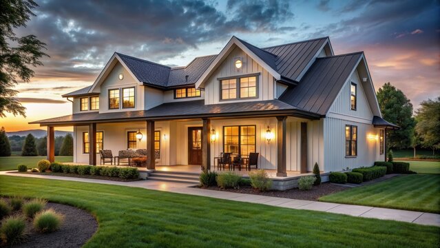 Beautiful modern farmhouse home exterior at dusk with lights on and green grass, architectural photography