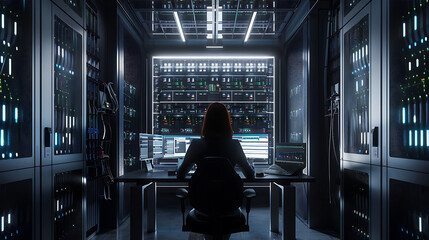 A male IT worker sits at his desk in front of computer monitors and looking computer screen, seen from behind and looking over the of an AI system that processes data on monitor displaying code
