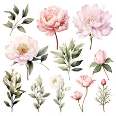 Watercolor illustration of pink peonies and green leaves.