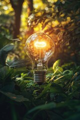 the concept of a light bulb glowing on the background of nature. Selective focus