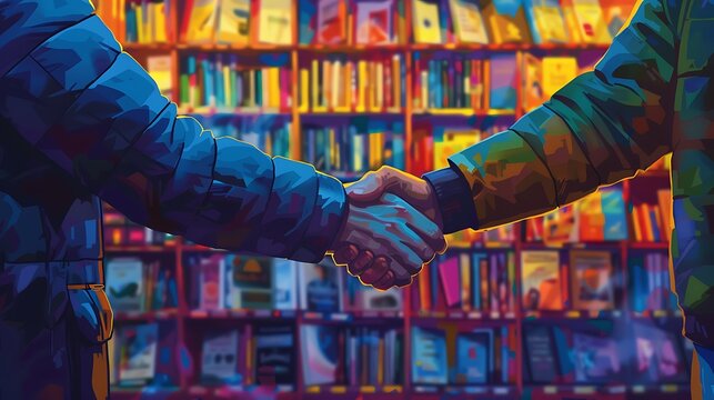 An artistic rendering of a handshake at a book signing event in a stylish bookstore, with an abstract background of colorful book covers and engaged attendees. The handshake is sincere,