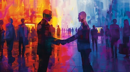 An artistic rendering of a handshake at a networking event, with an abstract background of attendees and informational booths. The handshake is firm, and both individuals are smiling.