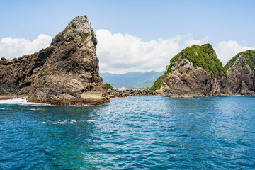 Dramatic karst limstone in the coast of Pacific Ocean in Nachikatsuura, Wakayama, Japan, part of the Yoshino-Kumano National Park and Nanki Kumano geopark.