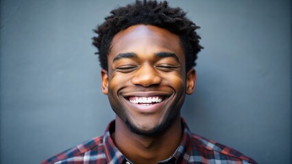 Obraz premium Smiling African American Man in Red Plaid Shirt, Close-up Portrait, Joyful Expression, Happy Man, Authentic Portrait, Natural Beauty, Black Man Smiling