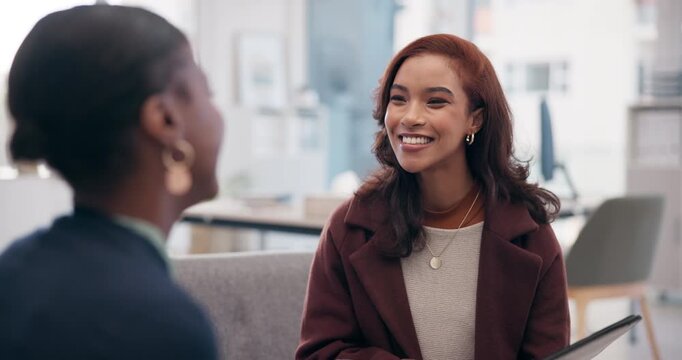 Manager, interview and women in office for hiring, review and future career in company. Recruitment, business and b2b meeting or talking and opportunity for promotion with people in workplace