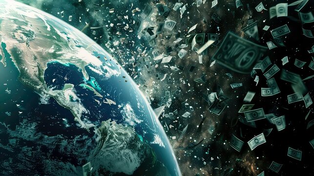A close-up view of Earth from space, with a large number of dollar bills floating around it.