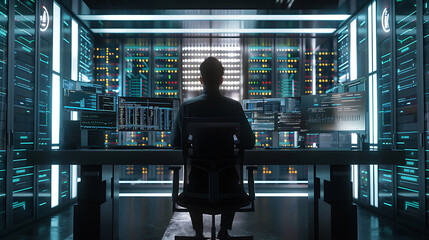 A male IT worker sits at his desk in front of computer monitors and looking computer screen, seen from behind and looking over the of an AI system that processes data on monitor displaying code
