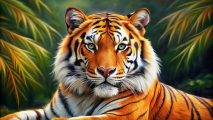 The Tiger's Gaze A Digital Painting of a Majestic Bengal Tiger with Emerald Green Eyes in a Lush Jungle Setting