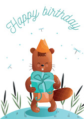Childrens cute greeting card. Cartoon beaver celebrating a birthday with a gift in a natural setting. Vector.