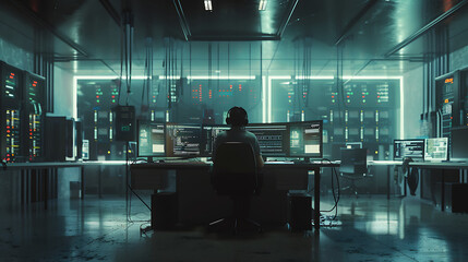 A male IT worker sits at his desk in front of computer monitors and looking computer screen, seen from behind and looking over the of an AI system that processes data on monitor displaying code
