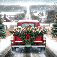 An old red truck decorated with a Christmas wreath carries a group of playful Golden Retriever puppies through the snowy countryside 