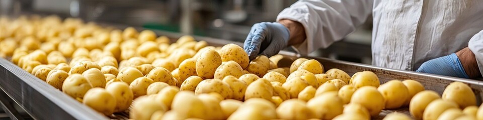 potatoes on the conveyor. Selective focus