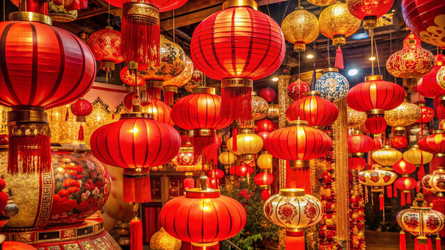 Vibrant red and gold decorations, intricately designed lanterns, and auspicious symbols fill the frame, exuding joy and prosperity in a festive Chinese good luck atmosphere.