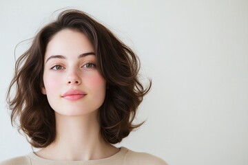 Fototapeta premium Elegant young woman with a soft curly bob, ideal for beauty promotions, fashion campaigns, or lifestyle content, highlighting a fresh and natural look with understated sophistication.