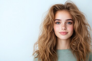 Fototapeta premium Smiling young woman with voluminous wavy hair, perfect for beauty advertising, lifestyle blogs, or fashion editorials, showcasing natural beauty and a confident expression.