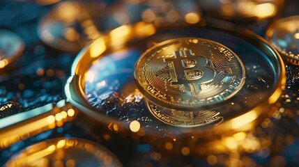 A close-up of a gold bitcoin magnified by a magnifying glass. The image has a blurry background of more bitcoins.