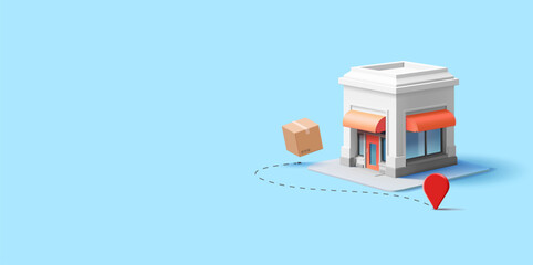Store building, boxes, location, 3D. Ordering, logistics and delivery of goods from your warehouse. Store location. Business profits, trade. Vector illustration.